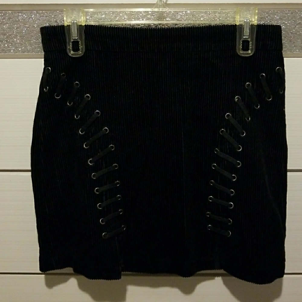 Black Lace Up Corduroy Skirt